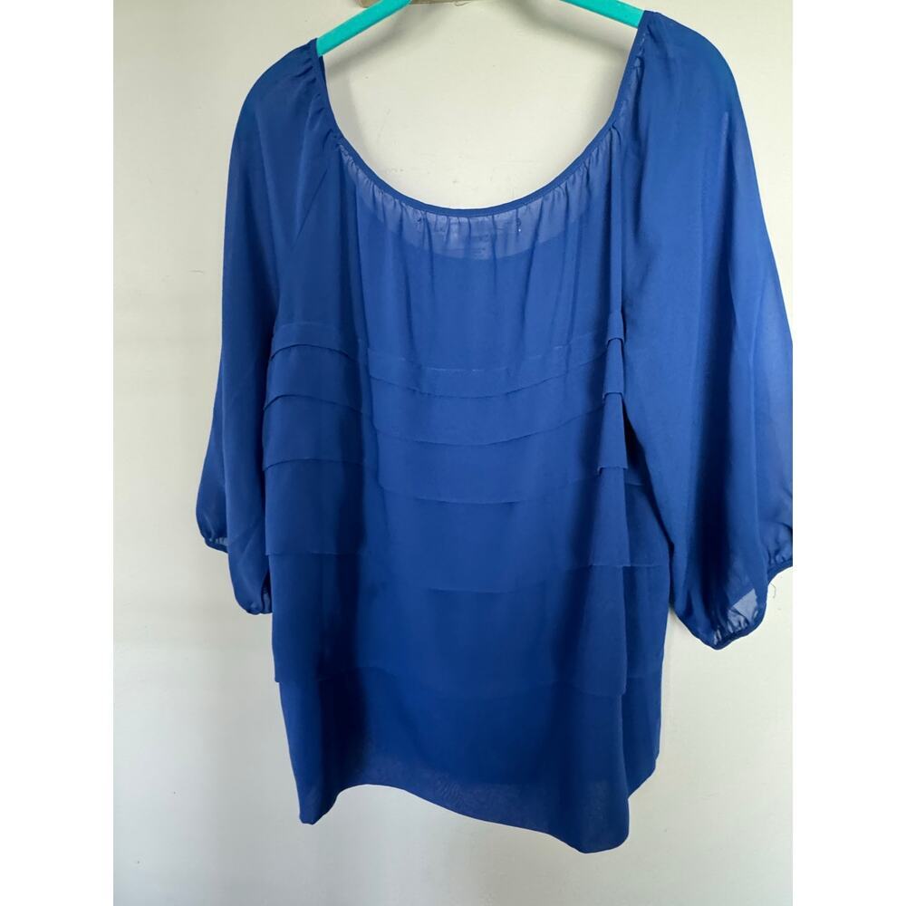 Max Studio Women Blue Sheer Blouse Ruffle Top 3/4 Sleeve Lightweight Size L